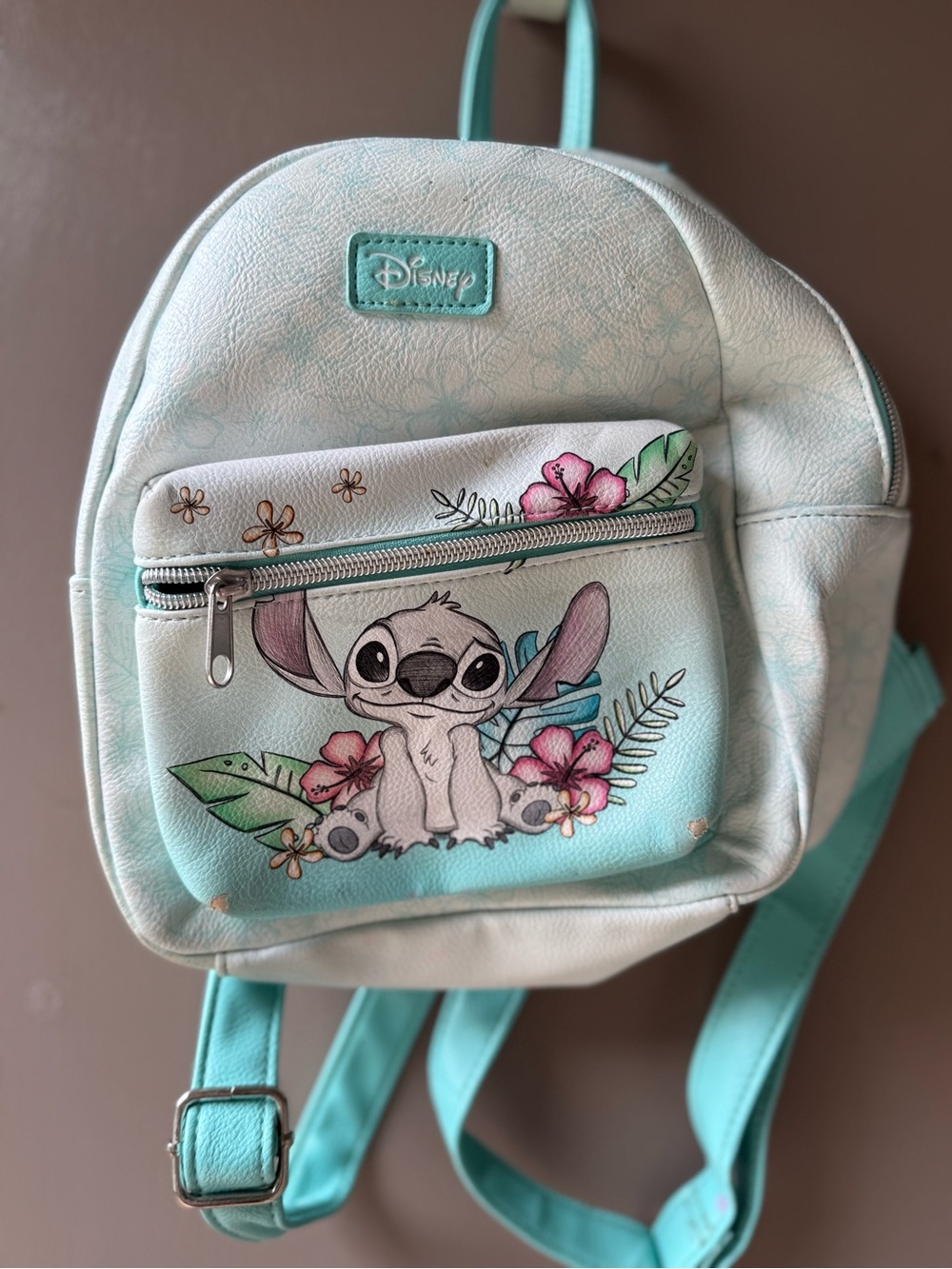 Disney Mint and White Stitch Floral Mini Backpack